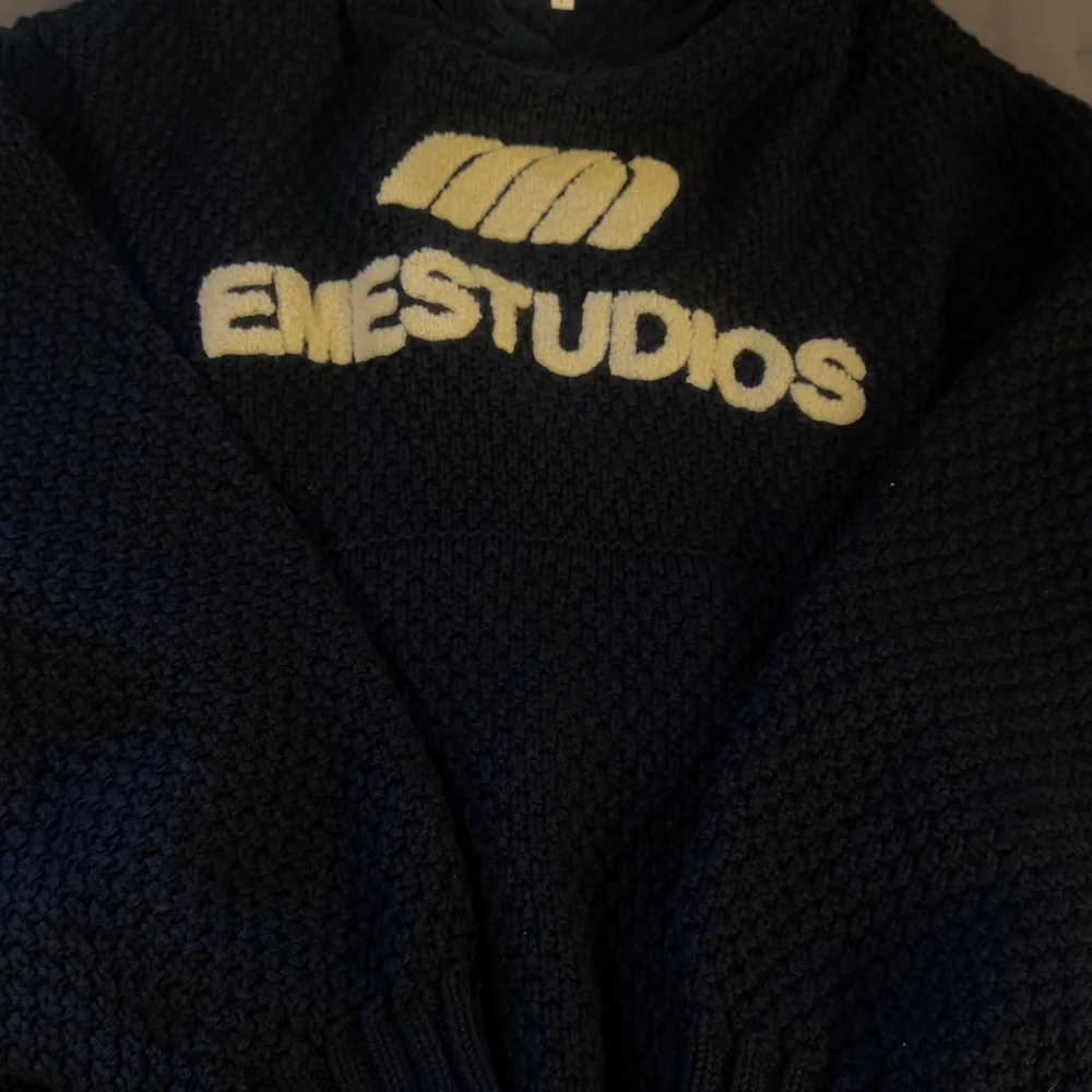 Eme Studios navy knit hoodie Sweater with Cream Logo